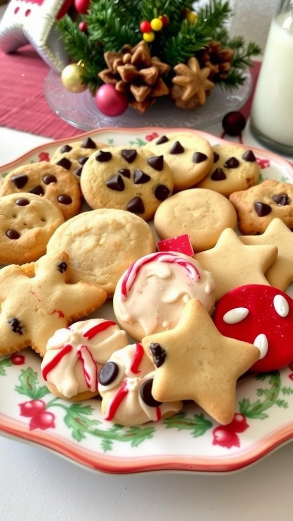 An assortment of holiday cookies on a plate, including chocolate chip, peppermint bark, and decorated sugar cookies.